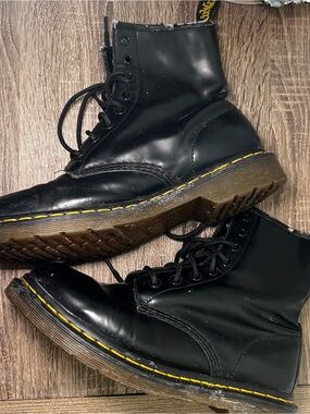 Dr. Martens Black Leather Lace-Up Combat Boots with Yellow Stitching